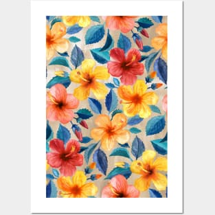 Colorful Watercolor Hibiscus on Warm Beige Posters and Art